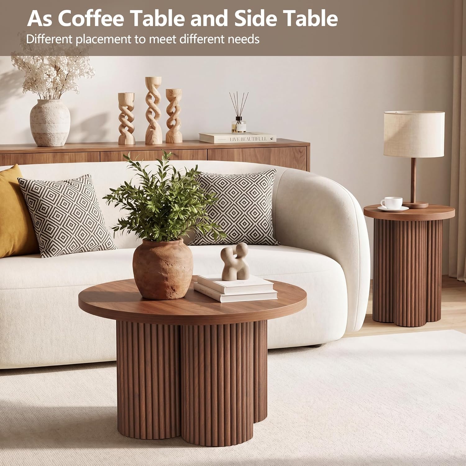 Nesting Coffee Tables Set of 2, Fluted Nesting Tables for Living Room, Multifunctional Round Coffee Table and Side Table Set Wooden Center Tables Small Coffee Table for Small Spaces Balcony