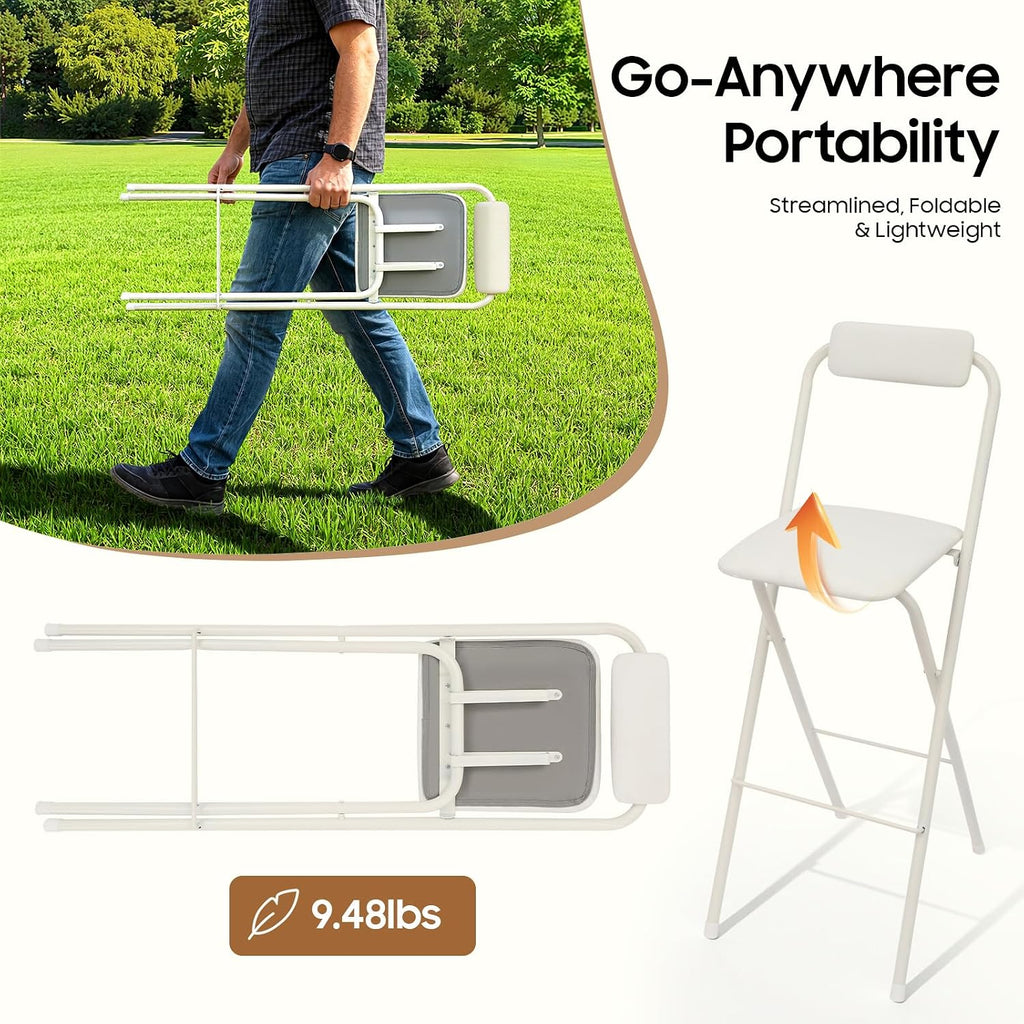 Folding Bar Stool with Backrest, 29.5 Inch Tall Foldable Stool Chair with Leather Padded Seat, Portable Counter Height Collapsible Stool for Kitchen Island Shop Cafe Dining Room, White, 1pcs