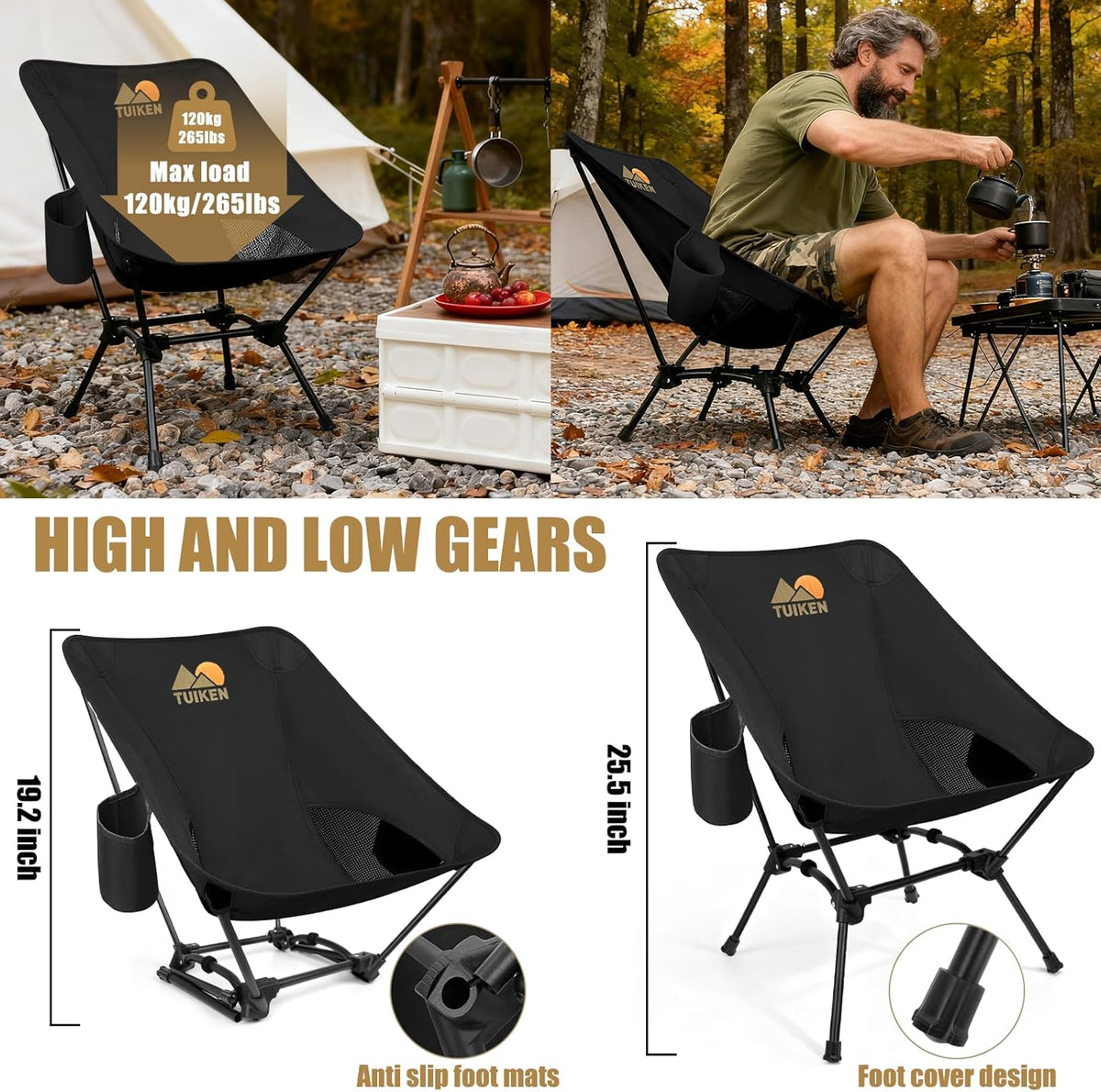 Ultralight Camping Chair Backpacking Chair, Portable Camp Chair with Cup Holder & Storage Bag, Lightweight Compact Folding Chair for Hiking, Travel, Picnic Mountaineering（Deep Black）