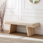 47.2" Natural Wood Bedroom Bench, Upholstered Entryway Bench, Modern End of Bed Ottoman with Soft Padded Seat & Solid Wood Frame for Dining Room and Living Room, Linen