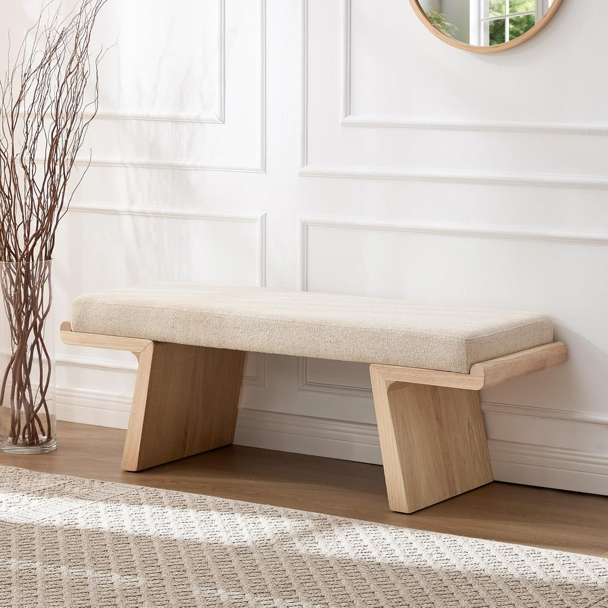 47.2" Natural Wood Bedroom Bench, Upholstered Entryway Bench, Modern End of Bed Ottoman with Soft Padded Seat & Solid Wood Frame for Dining Room and Living Room, Linen