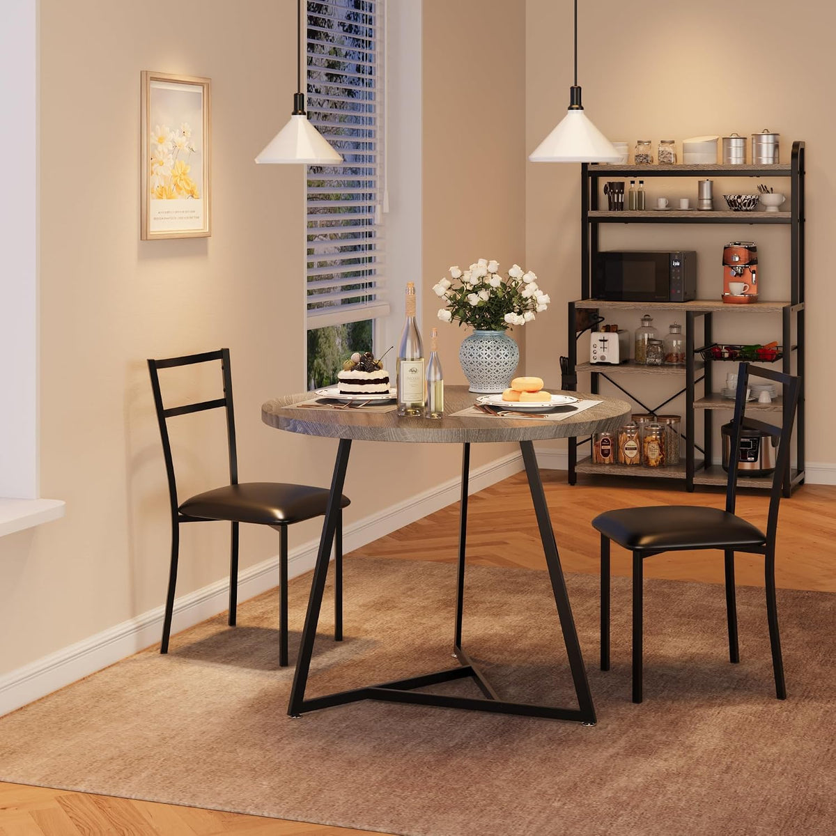 3-Piece Round Dining Set for 2 - Compact 31.4" Rustic Gray Kitchen Table with Upholstered Chairs, Space-Saving Breakfast Set for Small Spaces, Apartments & Studio Living