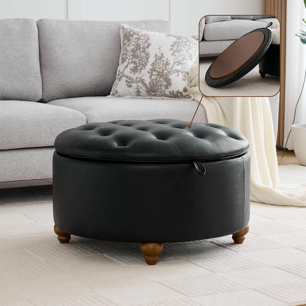 WUTUTUEE 30Inch Round Storage Ottoman with Tray, Modern Tufted Leather Circle Coffee Table with Storage, Upholstered Ottoman with Removable Top for Living Room, Bedroom, Leather Black
