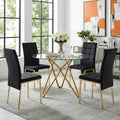 5-Piece Dining Table Set with 4 Black Chairs, 36" Round Dining Table & Chairs Set for 4, Circle Kitchen Table with Gold Metal Frame & Tempered Glass Top, Perfect for Small Space