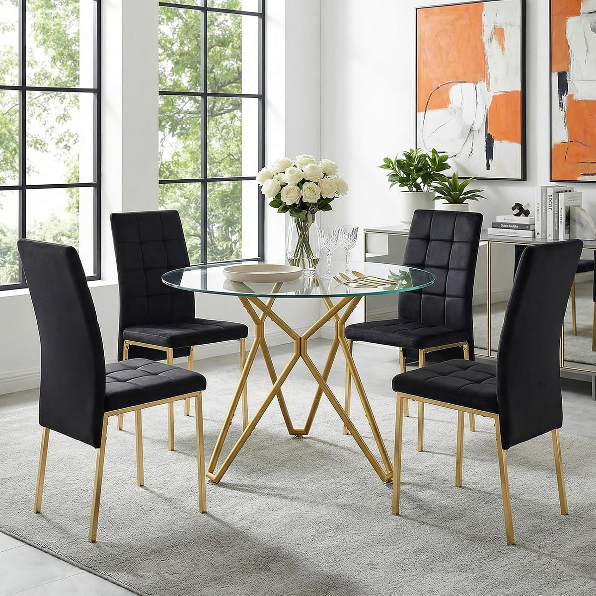 5-Piece Dining Table Set with 4 Black Chairs, 36" Round Dining Table & Chairs Set for 4, Circle Kitchen Table with Gold Metal Frame & Tempered Glass Top, Perfect for Small Space