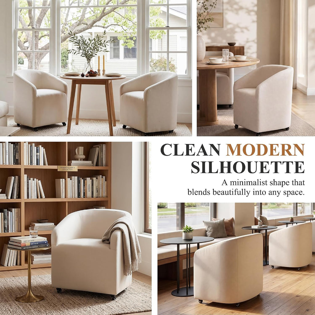 CIMOTA Linen Beige Barrel Dining Chairs with Wheels, Set of 2 — Modern Upholstered Swivel Dining Room Chairs on Casters for Kitchen or Living Room