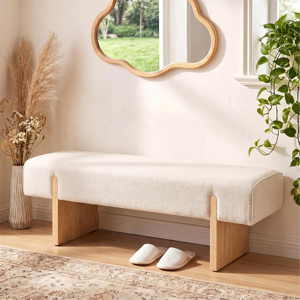 Zesthouse Solid Wood Bench for Bedroom, 55'' Upholstered Linen Fabric End of Bed Bench Queen Size, Modern Wooden Entryway Bench with Rubberwood Leg & Padded Cushion, Long Ottoman Bench Seat Indoor