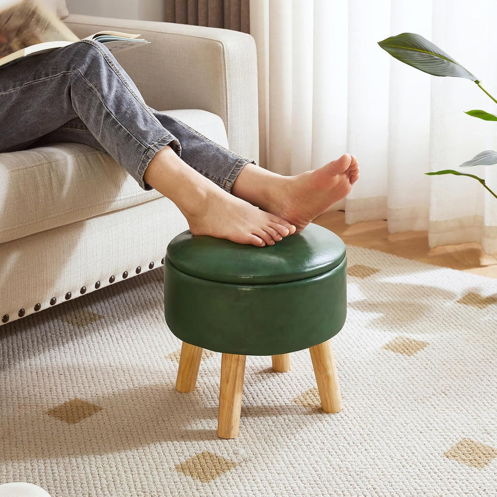 IBUYKE 13 Inch Foot Stool Ottoman with Storage, Round Small Foot Rest with Padded Seat and Wood Legs, PU Faux Leather Mini Footstool for Living Room Couch Bedroom Entryway, Dark-Green WBD023GR