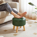 IBUYKE 13 Inch Foot Stool Ottoman with Storage, Round Small Foot Rest with Padded Seat and Wood Legs, PU Faux Leather Mini Footstool for Living Room Couch Bedroom Entryway, Dark-Green WBD023GR