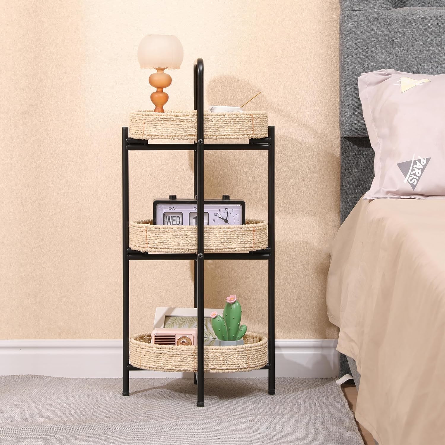 3-Tier Seagrass Woven Side Table, Oval Storage Basket with Trays,Farmhouse Coastal End Table for Living Room, Kitchen, Balcony,Foldable Shelves (Natural)