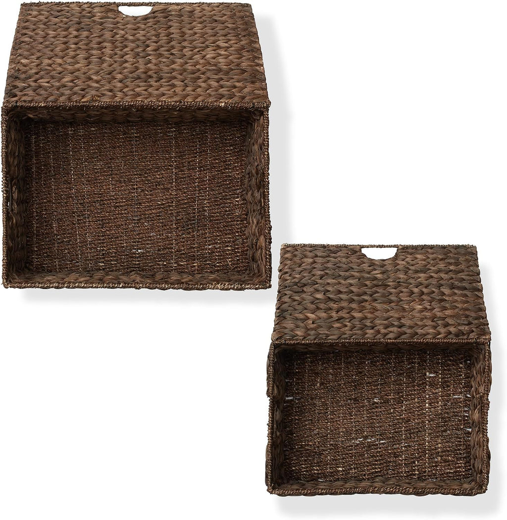 Casafield Set of 2 Water Hyacinth Rectangular Storage Baskets with Lids (Espresso - Medium/Large) for Bedroom, Bathroom, Laundry, Home Office