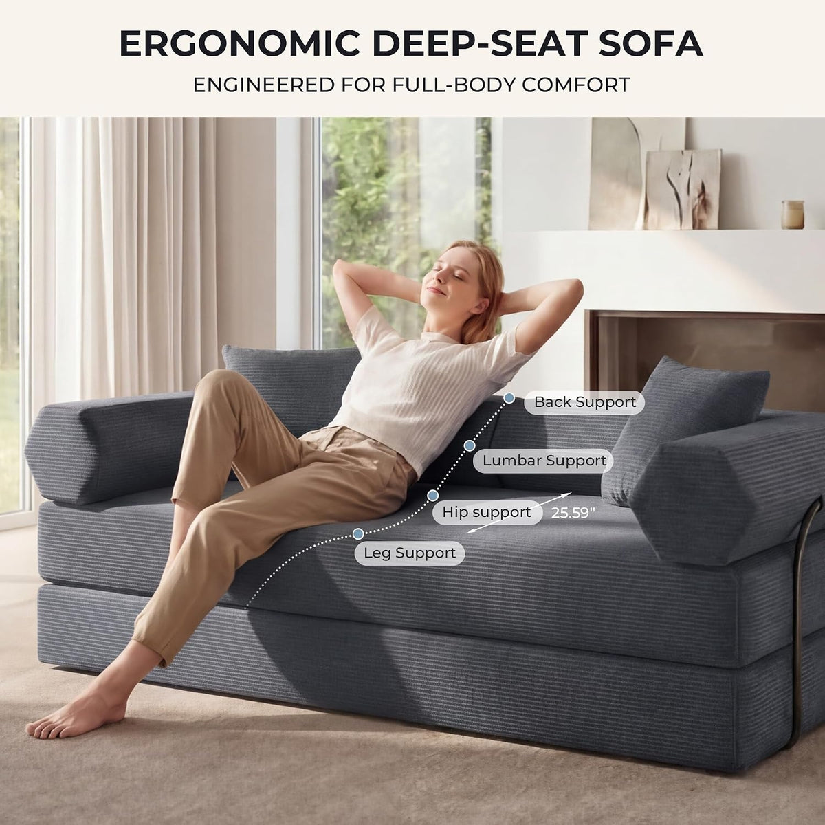 79" Convertible Futon Sofa Bed, Couch for Living Room | Dark Gray | Corduroy Loveseat Sleeper Sofa, Modular Futon Couch with Pocket Spring Core, Pull Out Couch No Assembly