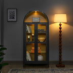 67" Arched Cabinet with Glass Doors: Pantry Cabinets for Kitchen Storage,Modern Retro Style Wooden,Book Display Shelf with Adjustable Glass Partitions & Light - for Kitchen,Entryway.Black