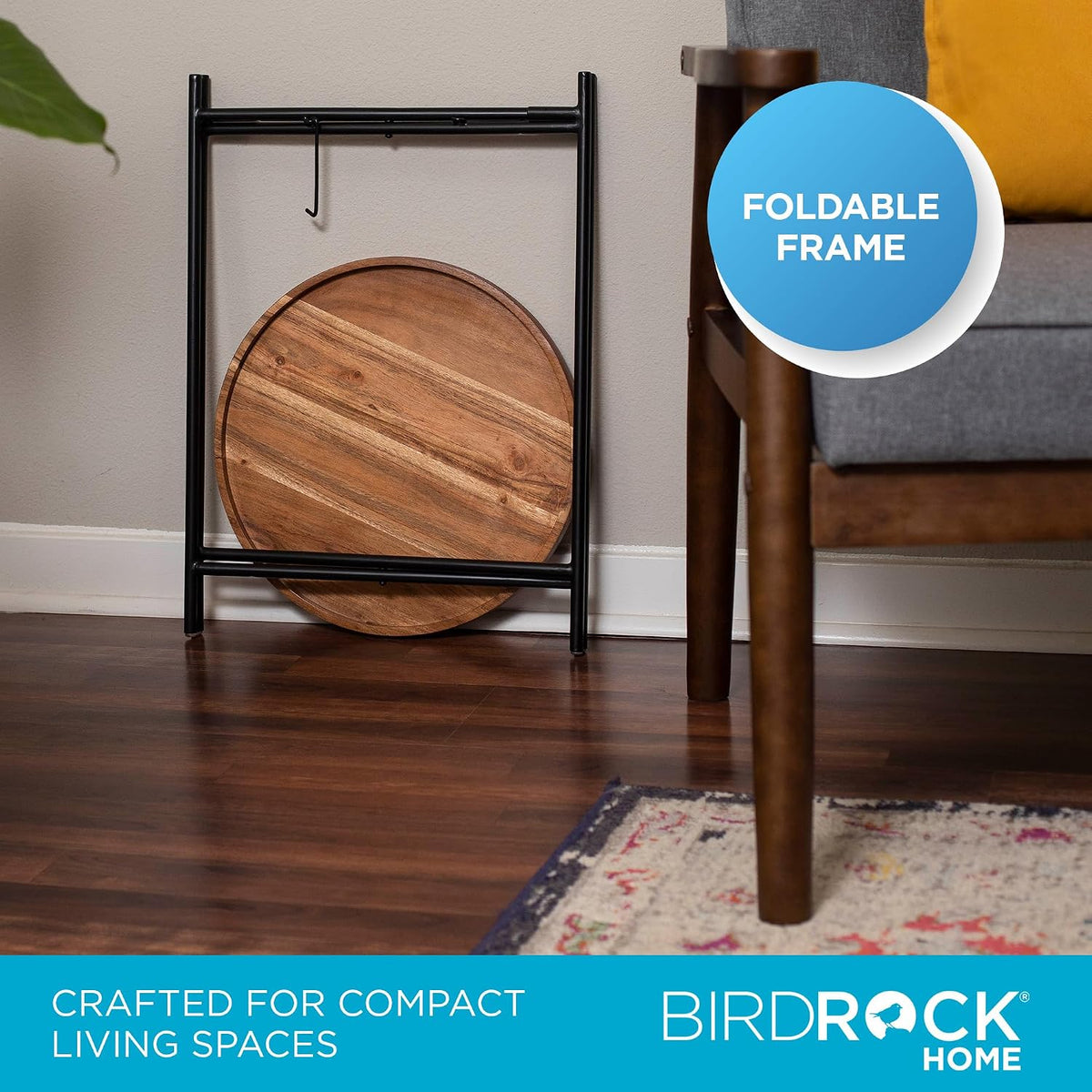 BIRDROCK HOME Folding Side Table with Removable Wood Tray - Modern Accent, Foldable End Table for Living Room, Bedroom - Portable Serving Tray for Decoration, Coffee, Drinks & Food - Natural Acacia