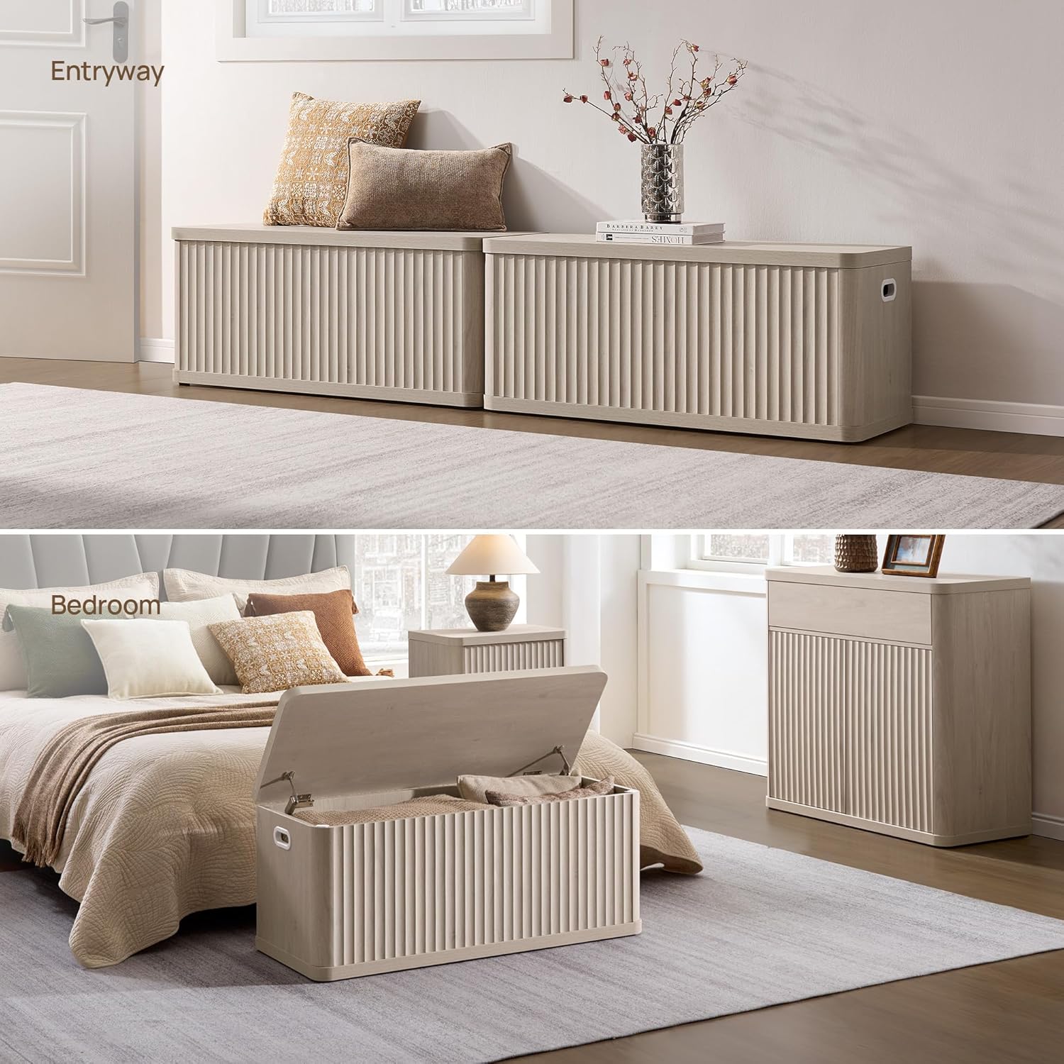 SICOTAS Storage Bench 40.2" Wide Shoe Bench with Lift Top Large Wooden Storage Chest Trunk Modern Blanket Chest with 2 Safety Hinges & Seating for Bedroom Entryway Living Room Hallway