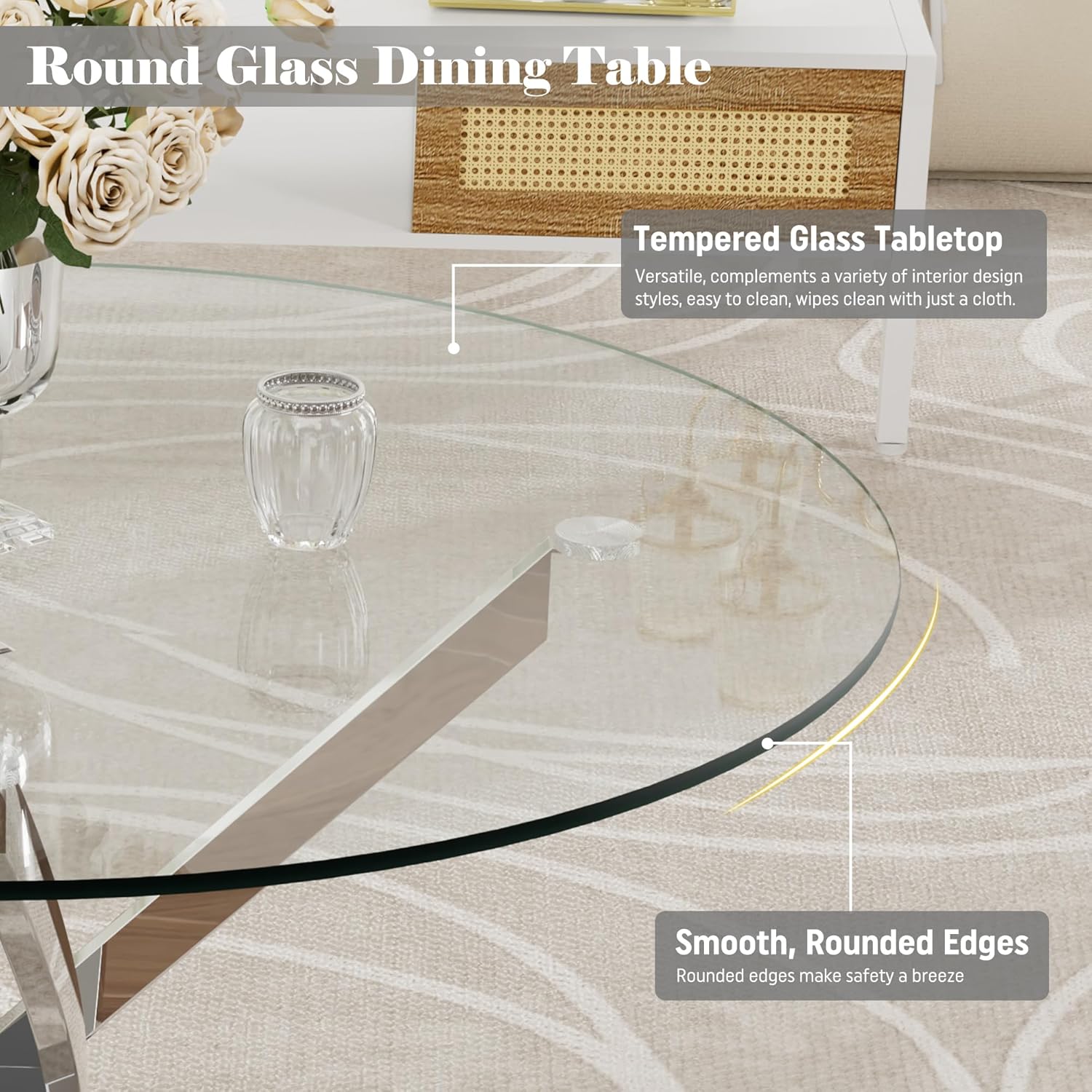36-Inch Round Tempered Glass Dining Table for 2-4 Person Space-Saving Small Kitchen Table with Heavy-Duty Metal Legs Perfect for Dining Room, Apartment, Condo (Silver)