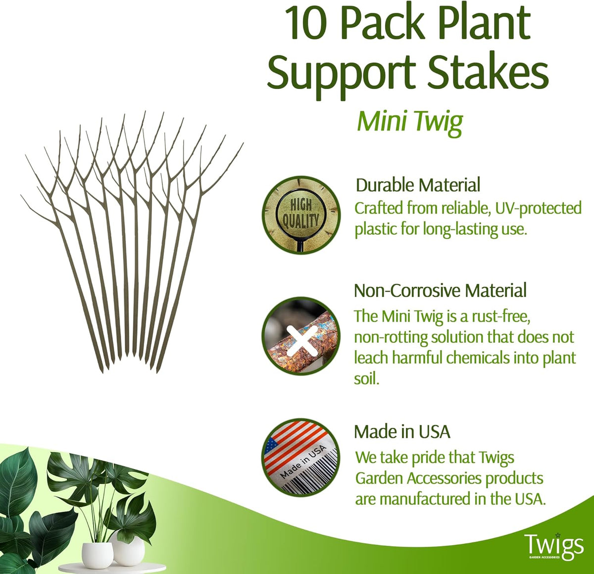 Twigs - Plant Support Stakes for Indoor, Outdoor & Climbing Plants, Gardening Supplies, Garden Accessories, Trellis & Ring Alternative, Made in USA - Moonstone, 10 Pack, 12" L, Mini Twigs