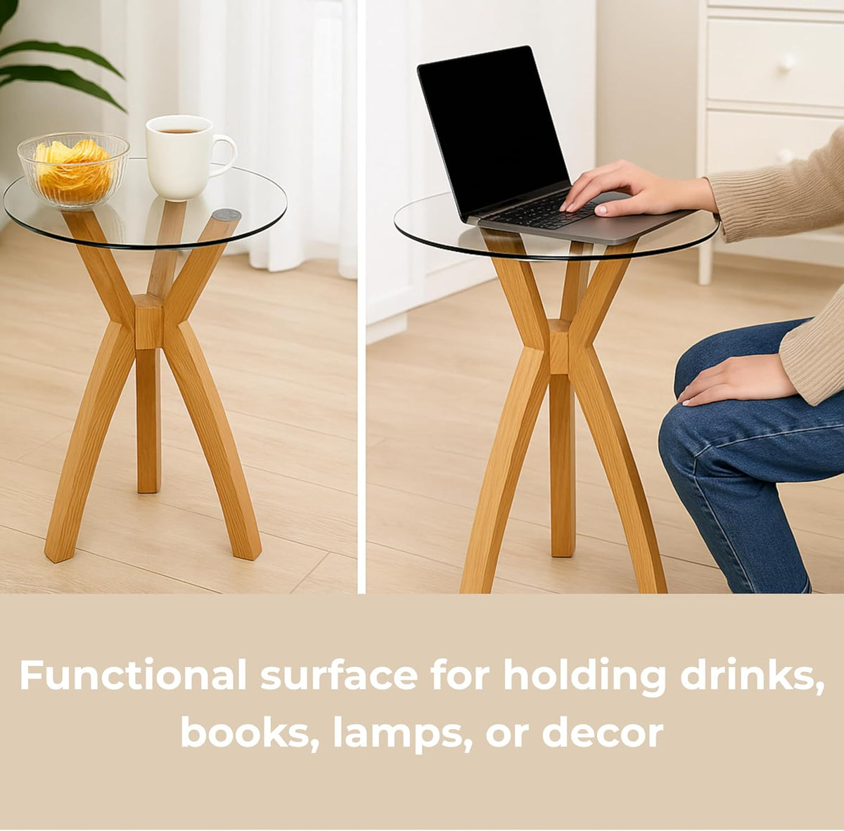 Round Glass End Table, Small Sofa Side Table for Living Room, Bedroom. Stylish Wood Legs with 20” Tempered Glass Top. Nature Oak