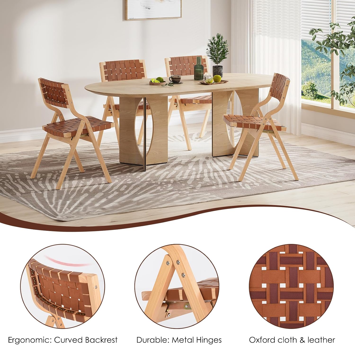 Soohow Wood Folding Chairs, Foldable Chairs Chairs Wooden Indoor Stackable Dining Chairs for Kitchen & Dining Room Chair Woven Seat & Webbing Back, Dining Chair Set of 2