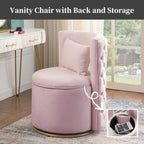 Swivel Chair with Storage for Living Room, Round Velvet Vanity Chair with Tufted Button Back, Pillow Included (Pink)
