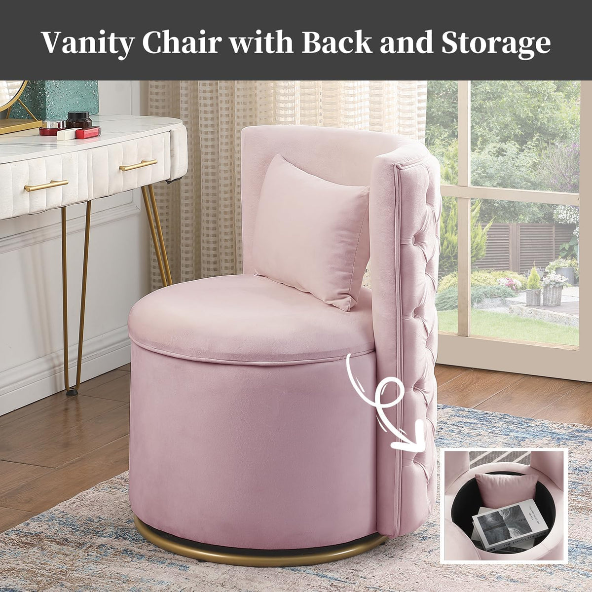 Swivel Chair with Storage for Living Room, Round Velvet Vanity Chair with Tufted Button Back, Pillow Included (Pink)