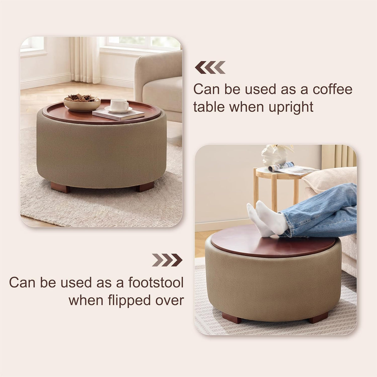 Huatean Home 29.1 Inch Round Coffee Table, Storage Ottoman with Removable Lid Top and Solid Wood Legs, Round Ottoman with Storage for Living Room, Bedroom, Corners, Entryway, Boucle Ottoman, Camel