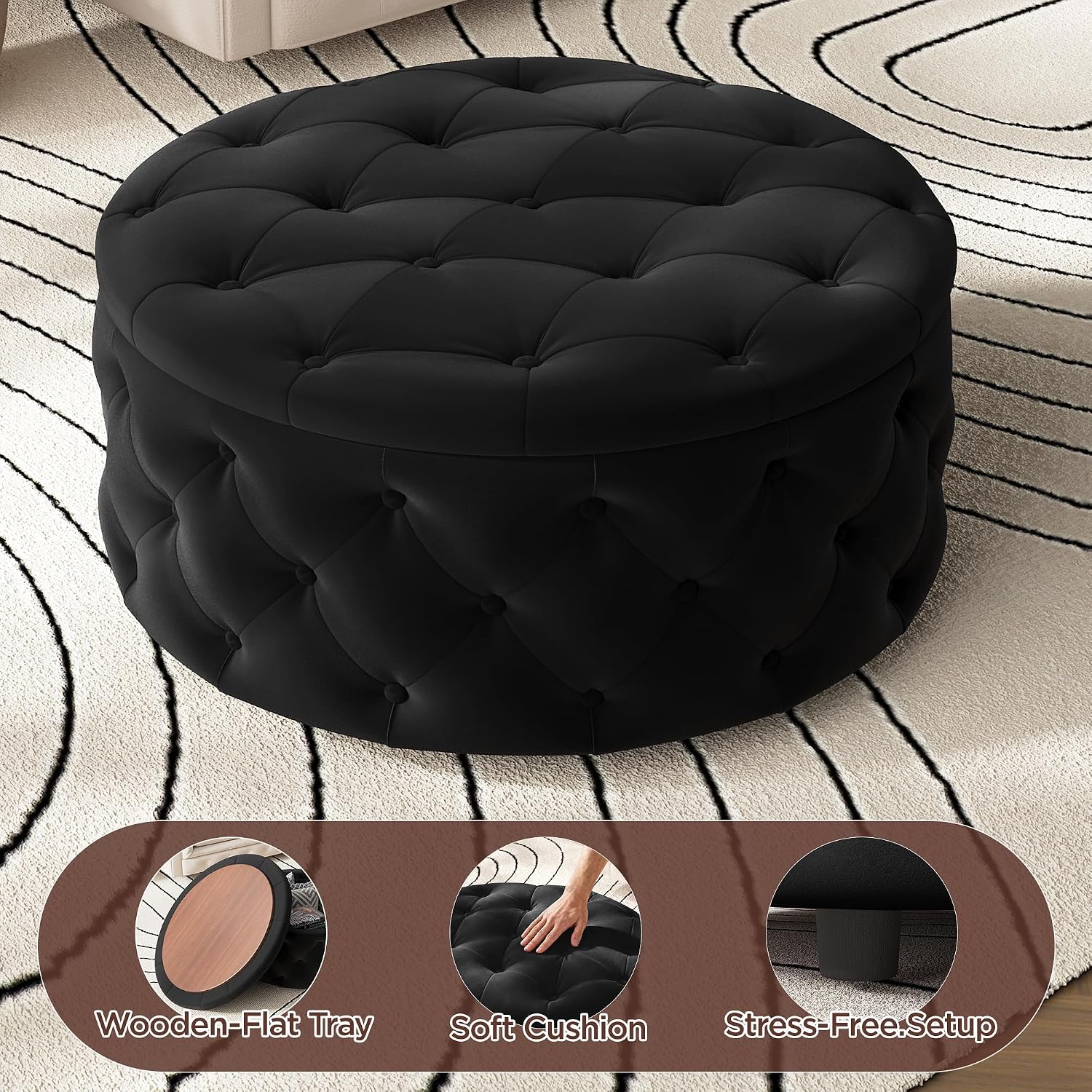 FiveWillowise 30 Inch Round Ottoman with Storage Tray,Large Coffee Table | Circle Modern Button Footstool with Removable Lid,Cozy Foot Stools for Living Room, Bedroom,Makeup Room,Black