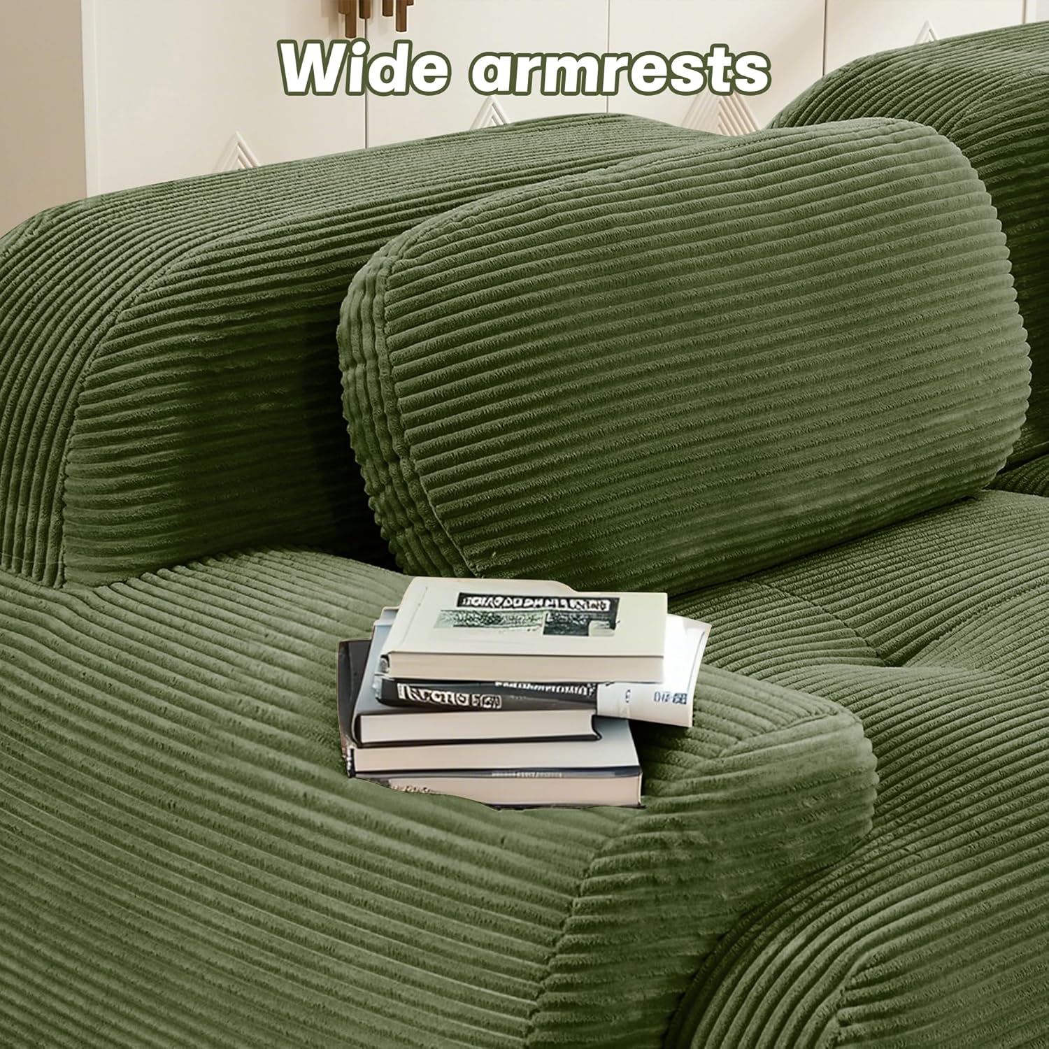 Modular Sectional Sofa Couch, U Shaped Sectional Couches for Living Room, Oversized Cloud Couch with Deep Seat and Ottoman, Comfy Corduroy Upholstery Green Couches, No Assembly(3S+2O)