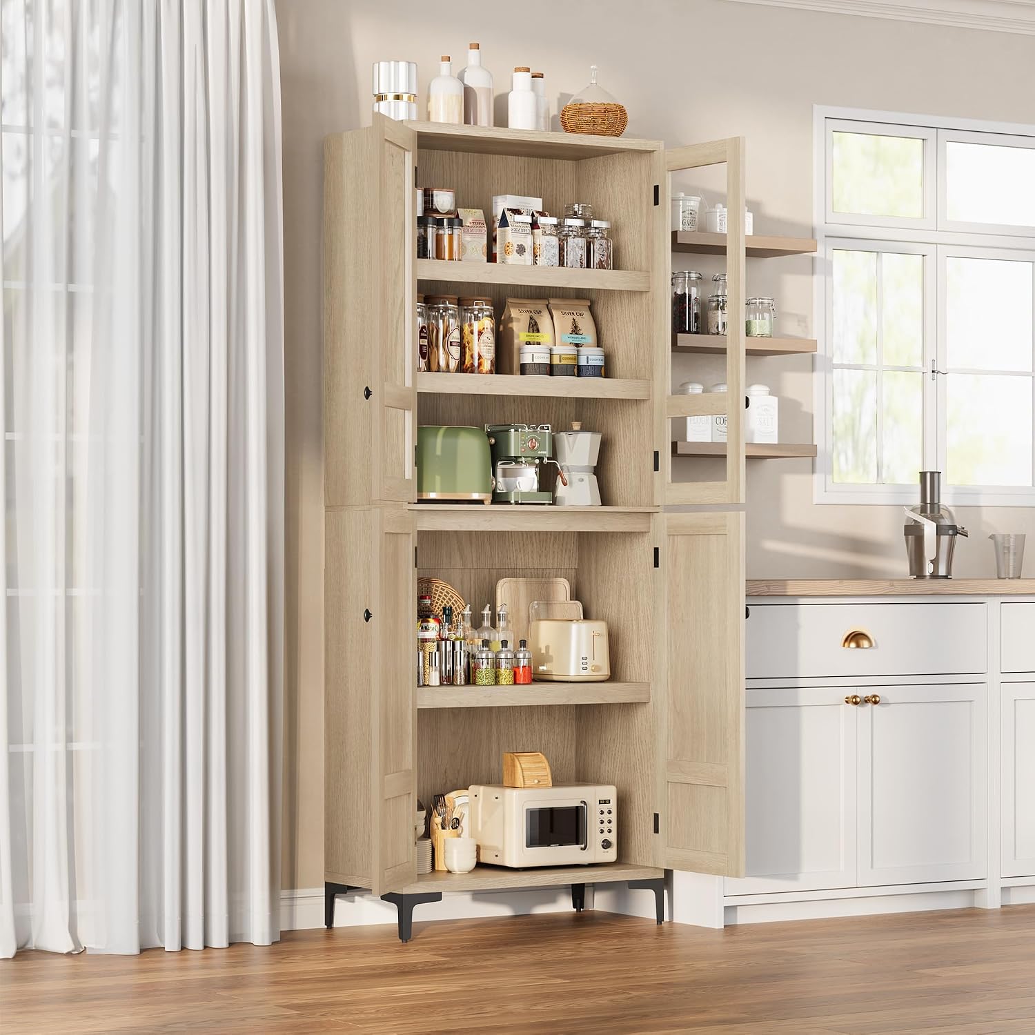 GarveeHome 71 in Tall Storage Cabinet, Kitchen Pantry Cabinet 5 Tier Bathroom Cabinet with 4 Doors Adjustable Shelves for Kitchen, Dining Room, Bathroom (Pear Wood, Glass with 4 Doors)