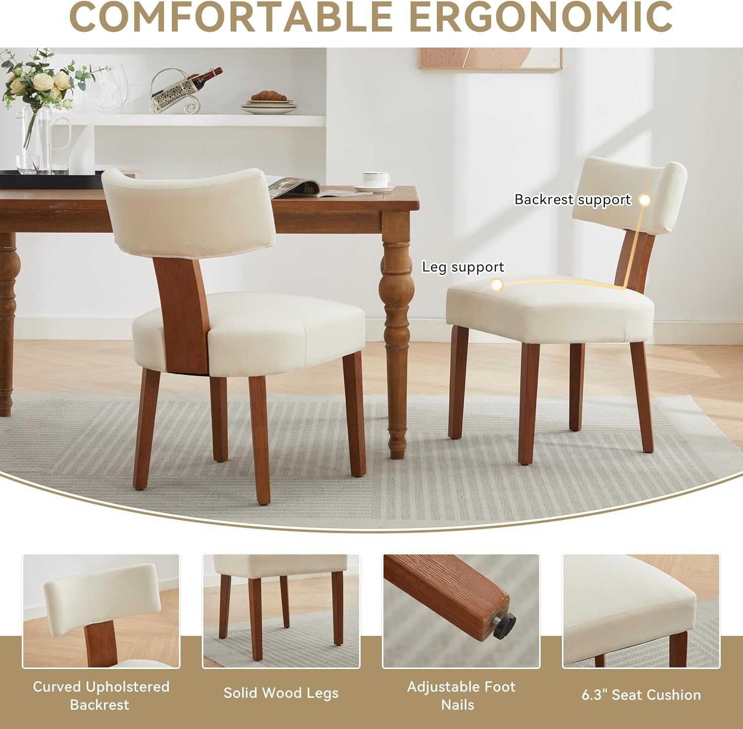 Mid-Century Modern Dining Chairs Set of 4, Upholstered Linen Fabric Kitchen Chairs with Curved Backrest, Farmhouse Dining Room Chairs with Solid Wood Legs, Easy Assembly, Beige
