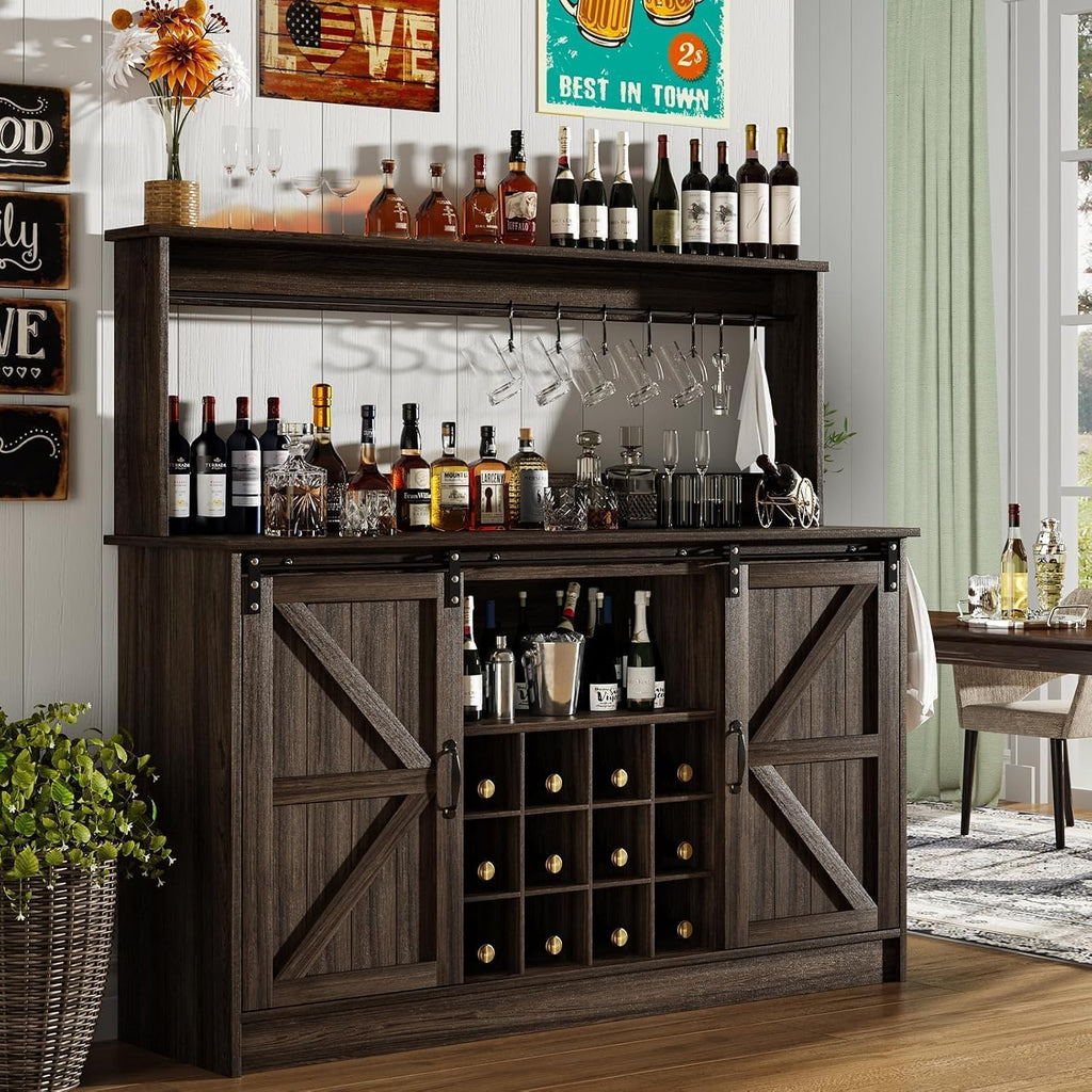 4ever2buy 55" Farmhouse Coffee Bar Cabinet with Storage & Wine Rack, Oak | Storage Hutch with Adjustable Shelves, Wine Rack and 8 Hooks for Living Room or Dining Room Storage
