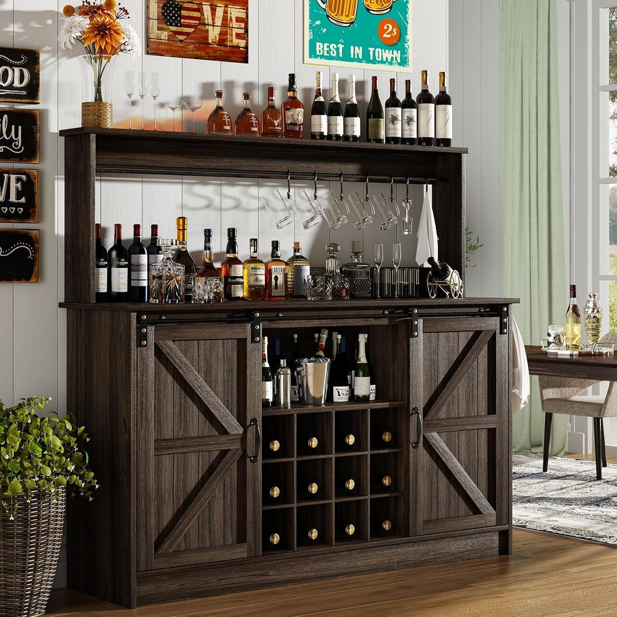 4ever2buy 55" Farmhouse Coffee Bar Cabinet with Storage & Wine Rack, Oak | Storage Hutch with Adjustable Shelves, Wine Rack and 8 Hooks for Living Room or Dining Room Storage