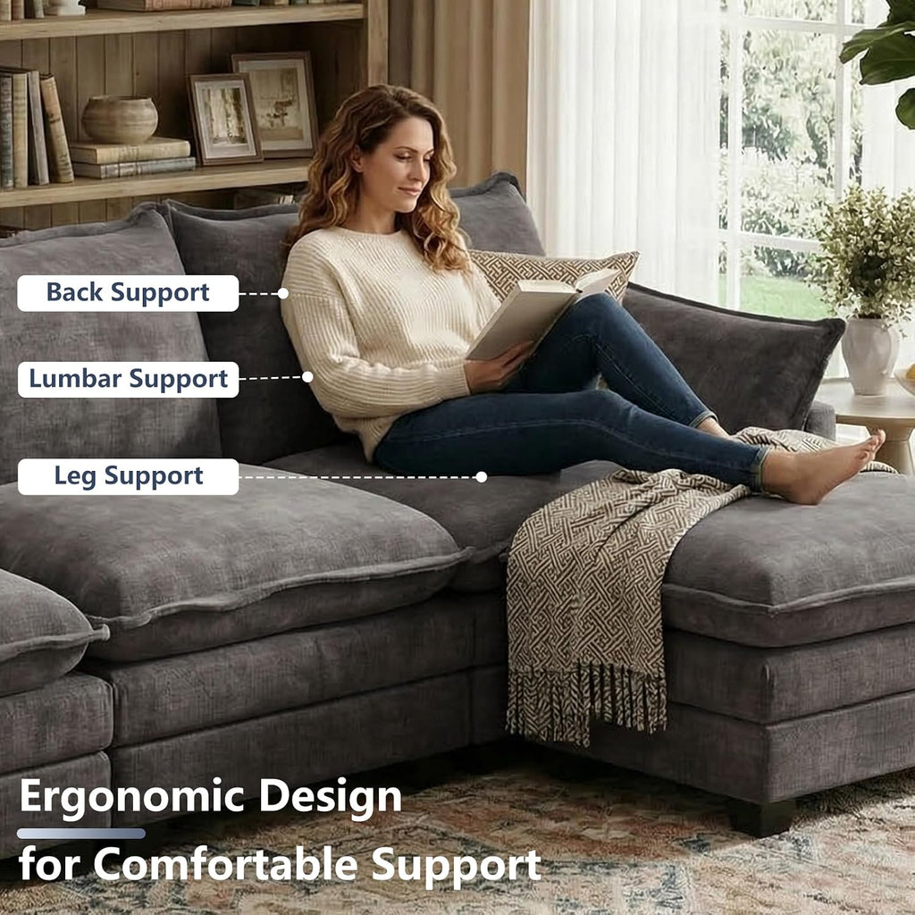 U Shaped Modular Sectional Couch, Comfy Sofa for Living Room | Comfortable Foam Cushions, Sturdy Frame, Appealing Look, Easy Assembly, Soft Chenille Fabric, Movable Ottoman, Dark Gray