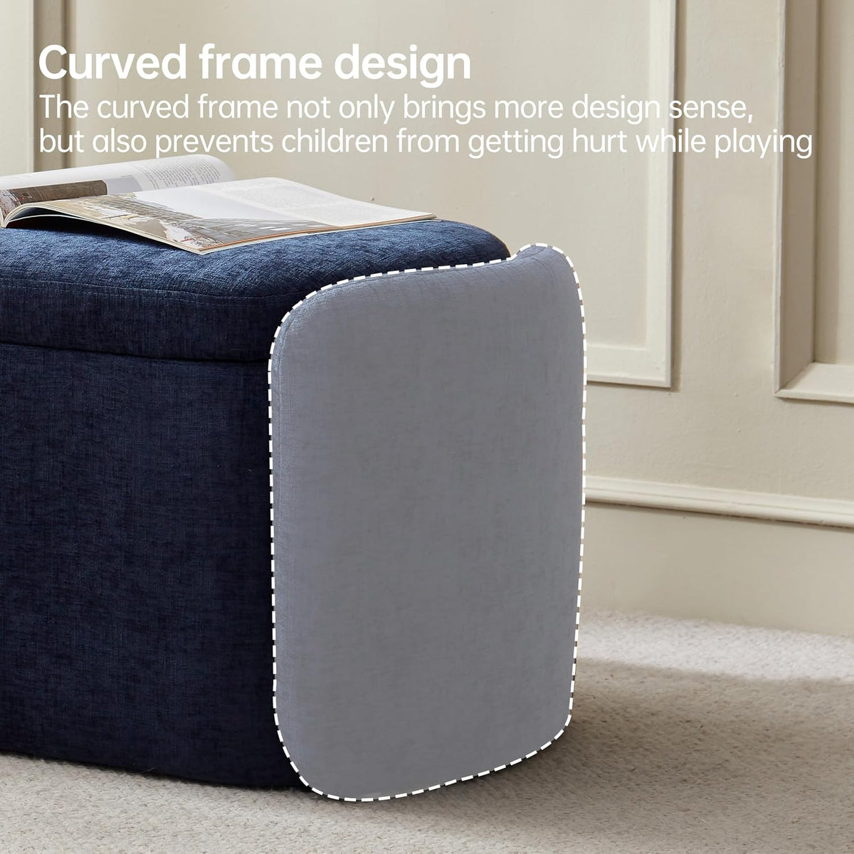 VKNOW Storage Bench, Upholstered Storage Ottoman Bench with Hinge, Navy | Ottoman Bench with Large Capacity, Curved Frame, Soft Fabric, Storage Bench for Bedroom, Living Room, Entryway, Window