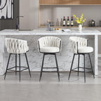 BFZ Swivel Bar Stools Set of 3, 26" Counter Height Barstools, Beige | Fabric, Upholstered Seat, Woven Backrest, Metal Frame, Mid-Century Modern, For Kitchen Island