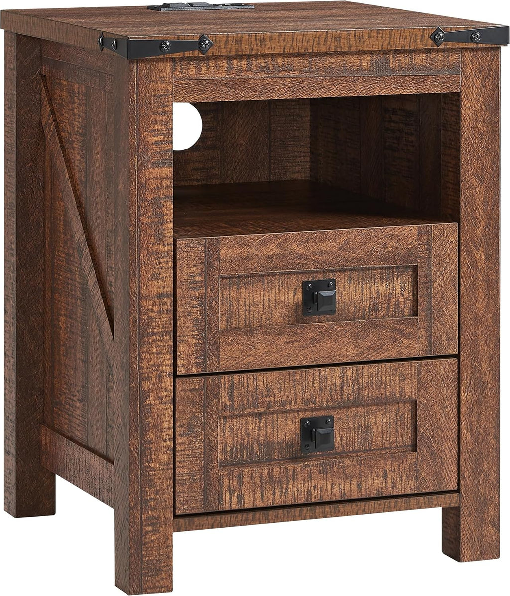 T4TREAM 18" Farmhouse Nightstand Set of 2, Reclaimed Barnwood | Charging Station, Rustic End Table, Open Shelf, 2 Drawers, Living Room, Side Table, Wood Bedside Table, Unique Corner Accent