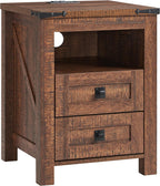 T4TREAM 18" Farmhouse Nightstand Set of 2, Reclaimed Barnwood | Charging Station, Rustic End Table, Open Shelf, 2 Drawers, Living Room, Side Table, Wood Bedside Table, Unique Corner Accent