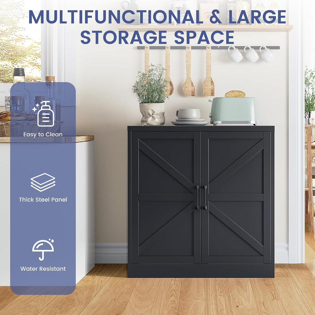 36" Metal Storage Cabinet, Farmhouse Kitchen Pantry Cabinet with Doors and Adjustable Shelves, Sideboard Buffet Cabinet,Short Storage Cabinets for Dining/Bathroom/Living/Room,Entryway, Black