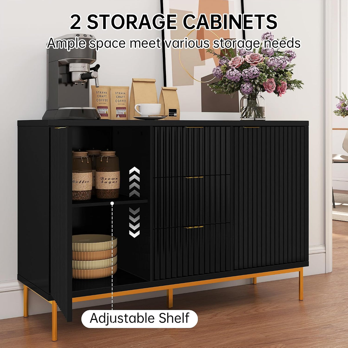 Fluted Sideboard Buffet Cabinet, Modern 47" Buffet Table with Storage, 2 Doors 3 Drawers and Adjustable Shelf, Coffee Bar Cabinet Credenza for Kitchen, Dining Room, Living Room, Black