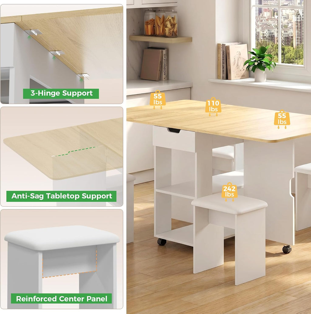 Mondeer Folding Dining Table and Chairs Set 4, 55" Space Saving Table with 4 Cushioned Stools, 2 Drawers and Storage Shelves, Foldable Table and Chairs for Kitchen Dining Room Living Room