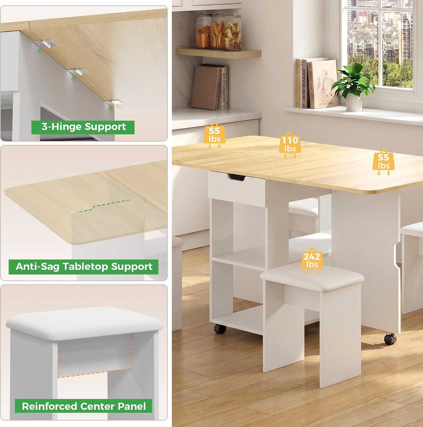 Mondeer Folding Dining Table and Chairs Set 4, 55" Space Saving Table with 4 Cushioned Stools, 2 Drawers and Storage Shelves, Foldable Table and Chairs for Kitchen Dining Room Living Room