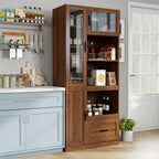 JOYSOURCE Tall Kitchen Hutch Cabinet with Pull-Out Shelves, Storage Drawer, Glass Doors Freestanding Pantry Large Kitchen Cupboard for Dining Room with Microwave Countertop Walnut Finish