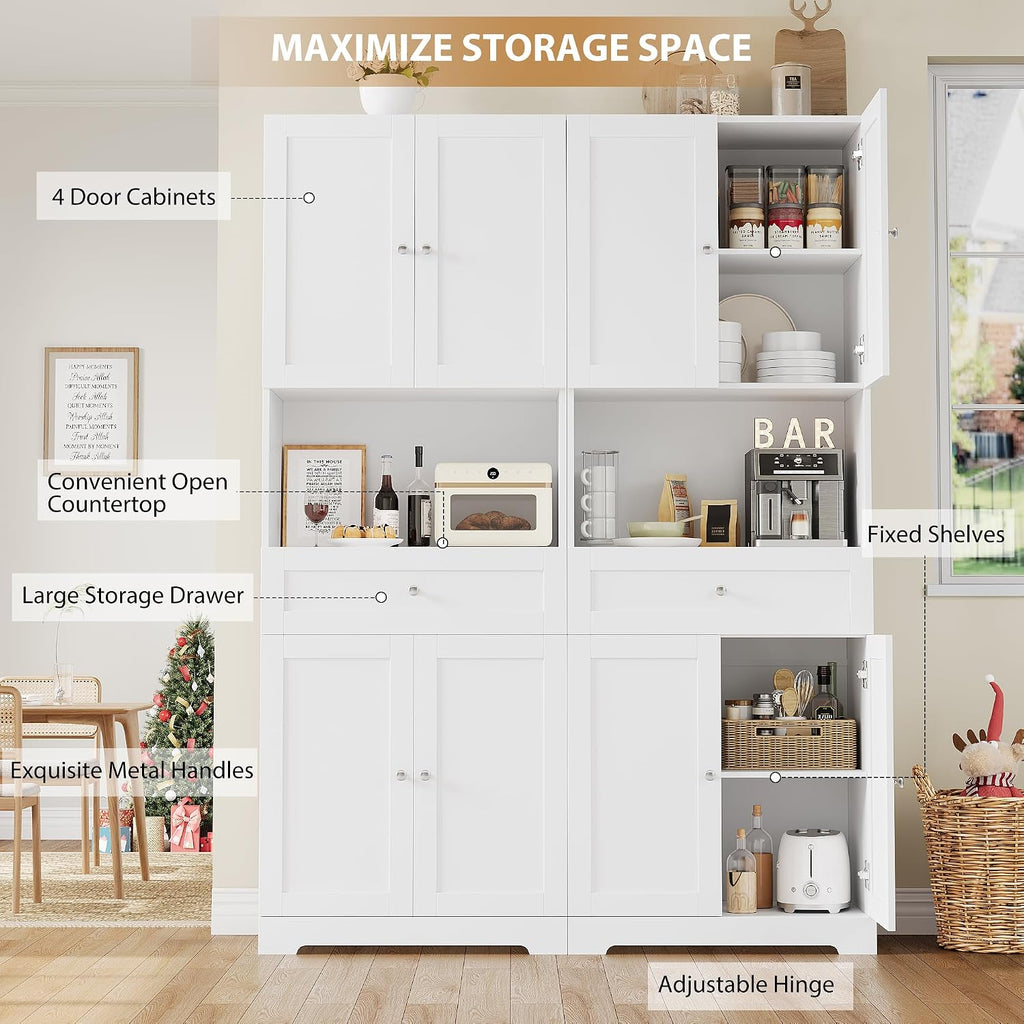 Set of 2 Tall Kitchen Pantry Storage Cabinet with Doors and Shelves, White | Modern Kitchen Hutch Cabinet with Storage Drawer & Bar Cabinet, 67” Cupboard Furniture Set for Kitchen and Dining Living Room
