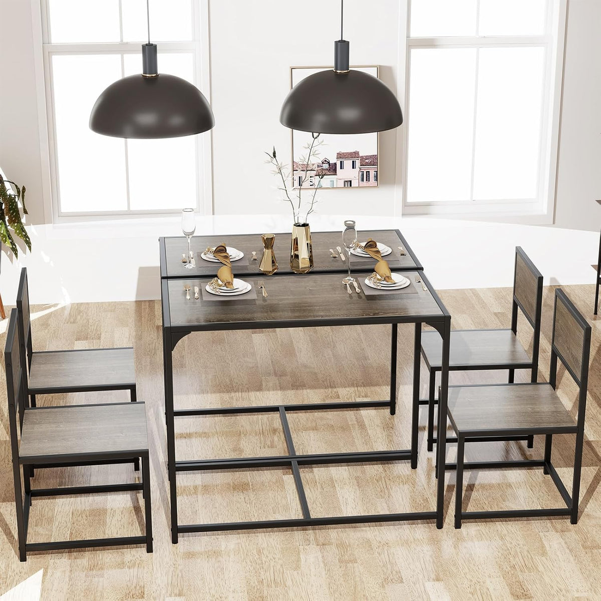 Giantex 3-Piece Dining Table Set for 2, Small Industrial Kitchen Table with 2 Chairs, Metal Frame, Space Saving Dinette Set for Breakfast Nook Dinner Small Space Apartment Living Room, Grey Oak