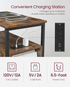 VASAGLE Side End Table with Charging Station, Slim Nightstand with 2 Drawers, Narrow Bedside Table for Living Room, Small Spaces, Rustic Brown and Ink Black ULET321B01V1S