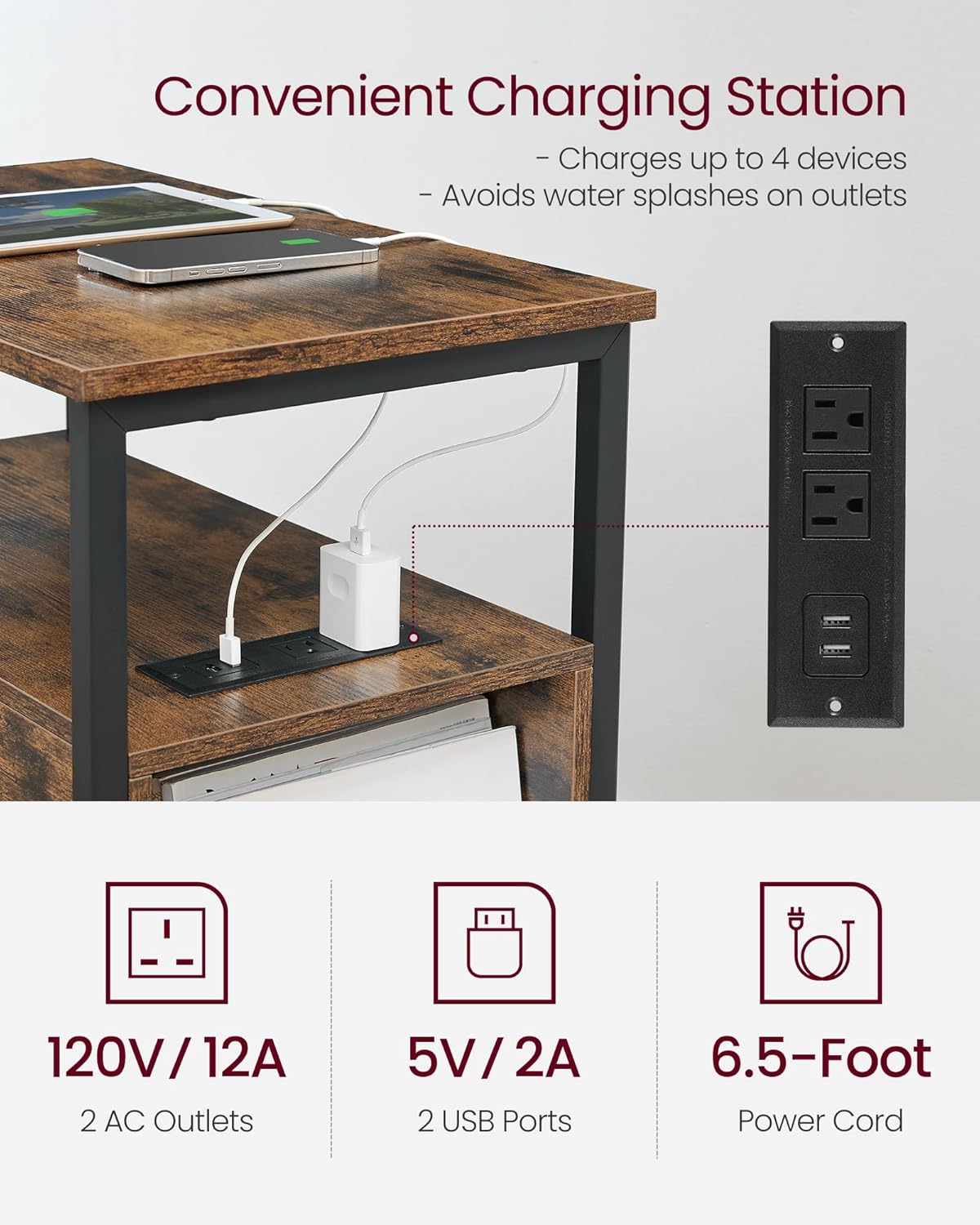 VASAGLE Side End Table with Charging Station, Slim Nightstand with 2 Drawers, Narrow Bedside Table for Living Room, Small Spaces, Rustic Brown and Ink Black ULET321B01V1S