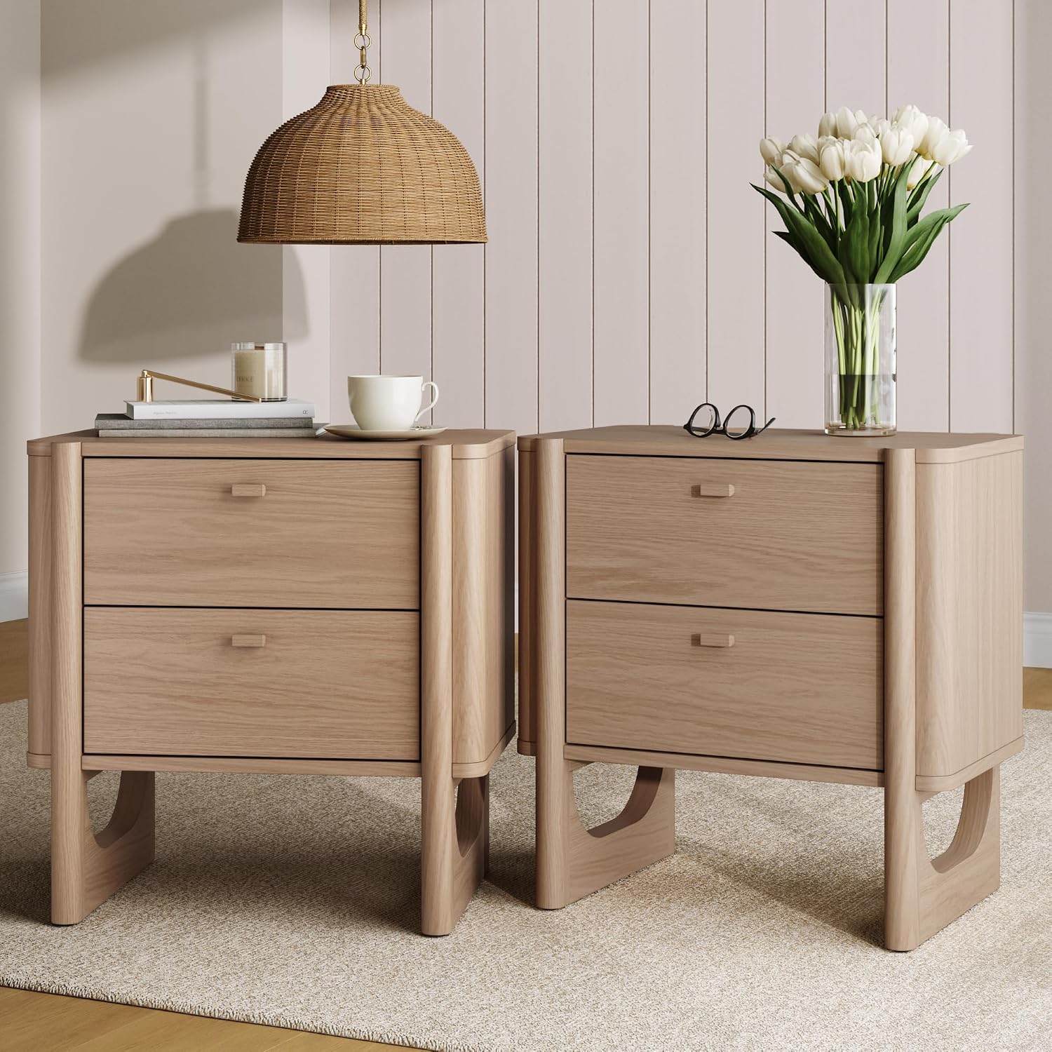 Nathan James Solace Mid Century Modern 2 Drawer Nightstand with Solid Wood Frame and Rounded Details, Raw Oak Set of 2