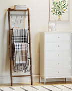 Hzuaneri Blanket Ladder Shelf, Decorative Quilt Rack, 6-Tier Farmhouse Ladder Holder Organizer with 4 Removable Hooks 7.9" D x 17.3" W x 63.4" H, Rustic Brown BR35801B