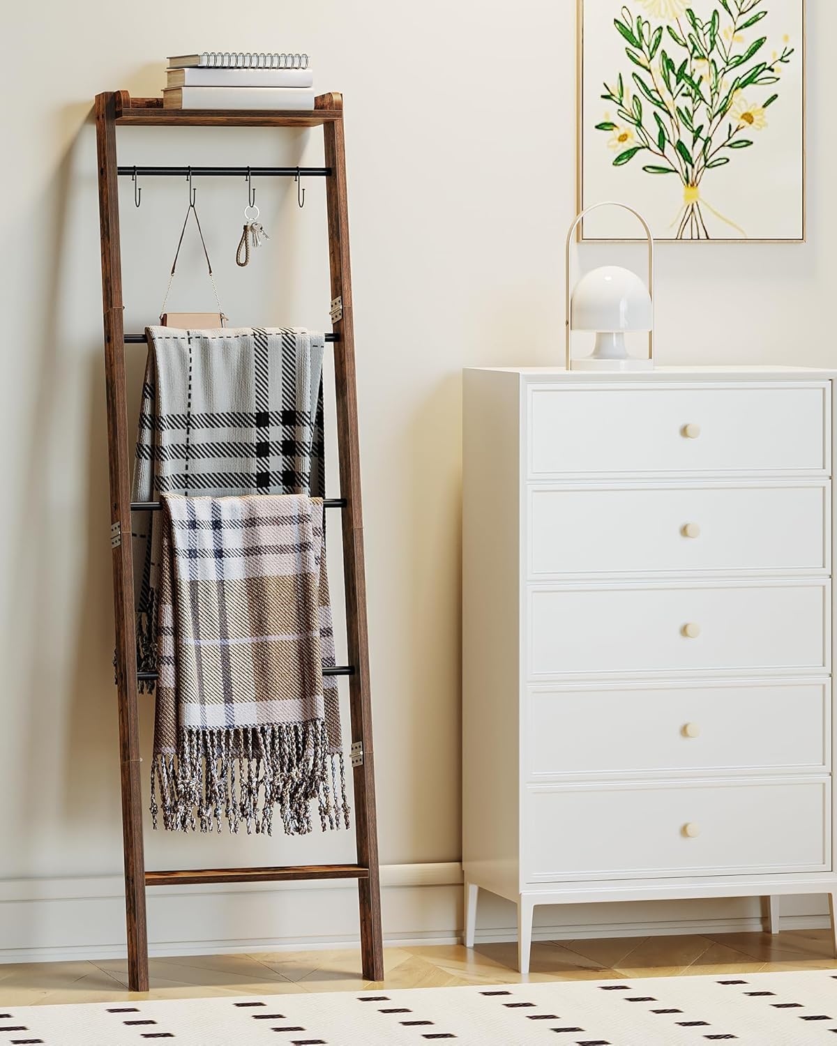 Hzuaneri Blanket Ladder Shelf, Decorative Quilt Rack, 6-Tier Farmhouse Ladder Holder Organizer with 4 Removable Hooks 7.9" D x 17.3" W x 63.4" H, Rustic Brown BR35801B