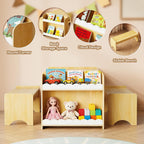 Xilingol Montessori Kids Table and Bench Set with Storage, Wooden Toddler Desk and Chairs Set, Indoor Activity Craft Table for Playroom, Boys, Girls (Natural)